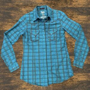 ROCK 47 Wrangler Shirt Womens Small Green Plaid Western Cowboy Cowgirl Snap Up